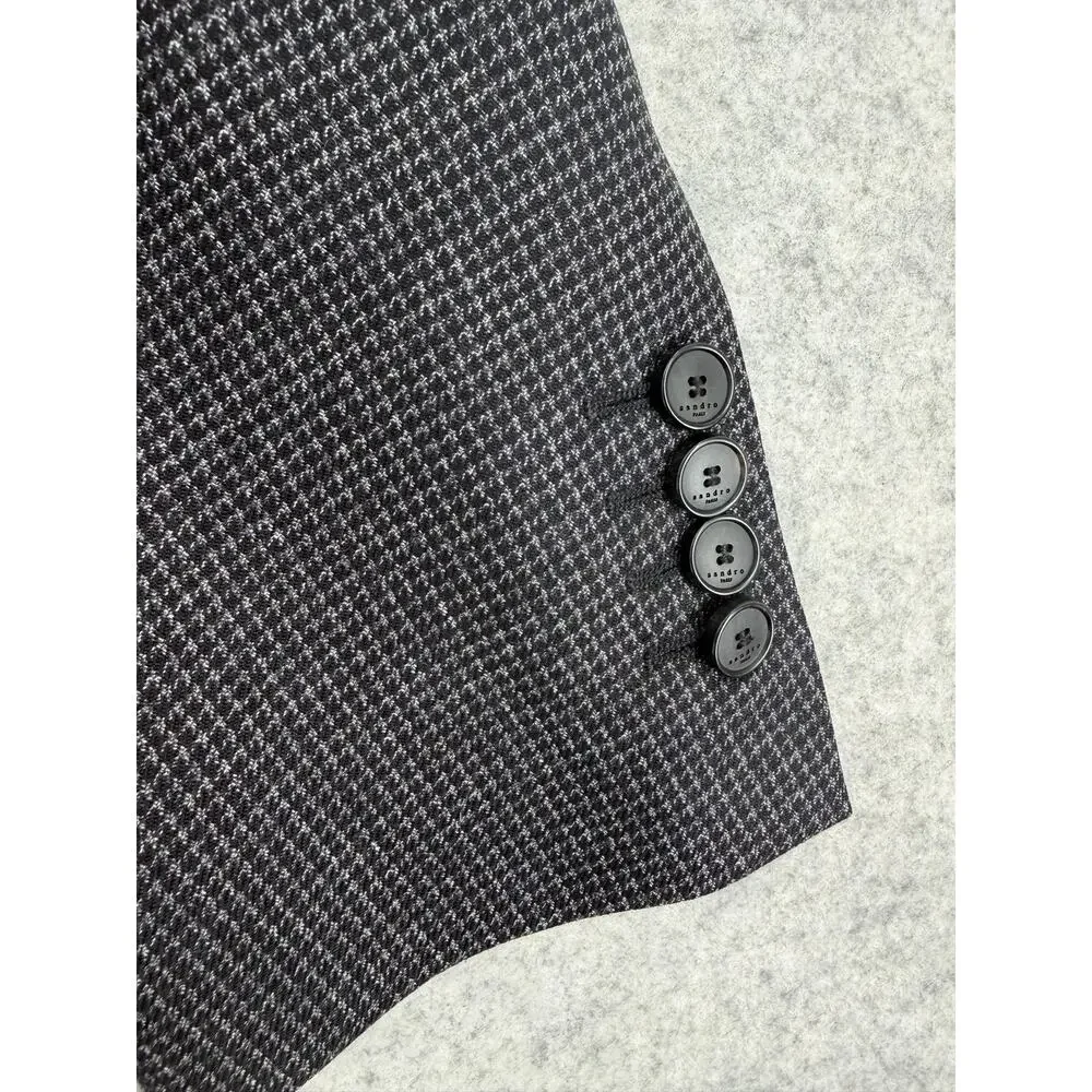 Sandro Paris Houndstooth Gray/Black Wool Two-Button Blazer Size US LARGE (50 FR)